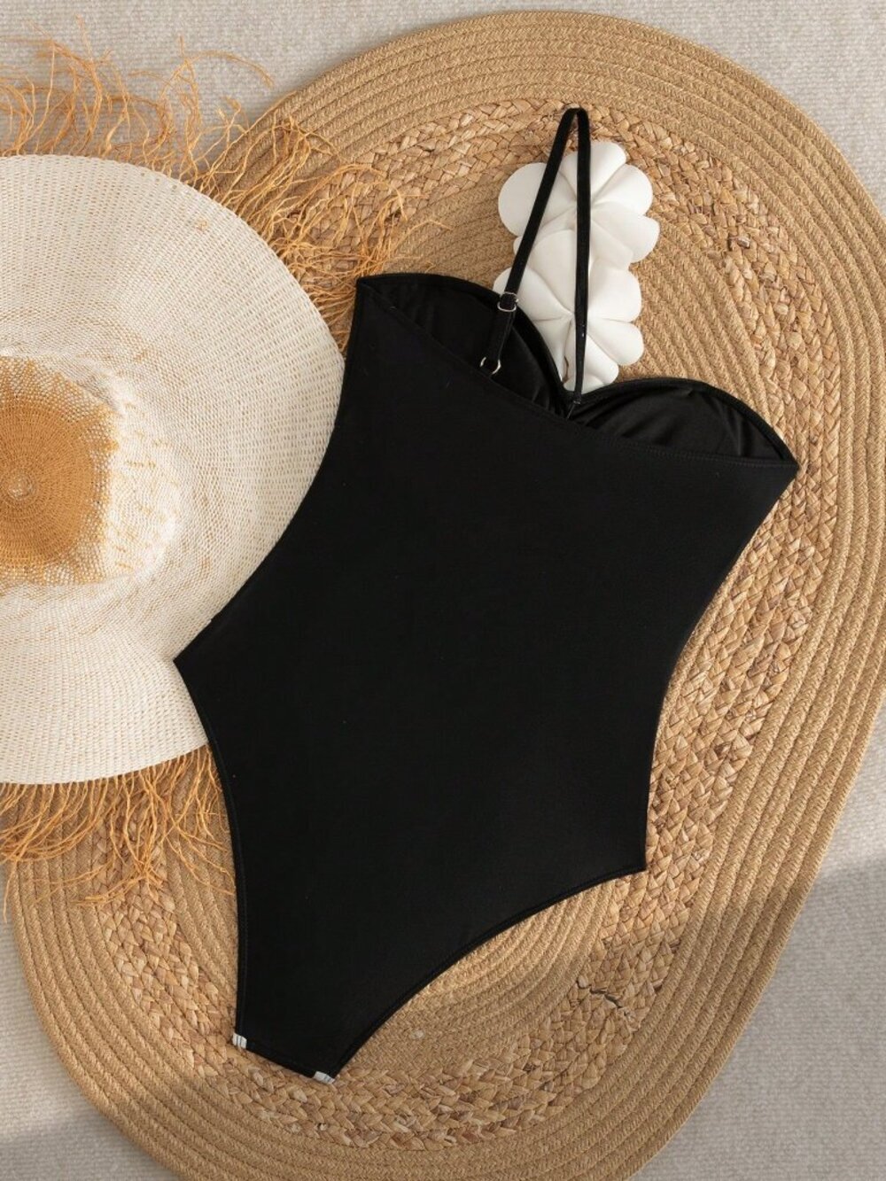 Black Knitted Floral Elegant Women's Beach Swimsuit with Ruffle Hem - Picture 2 of 8